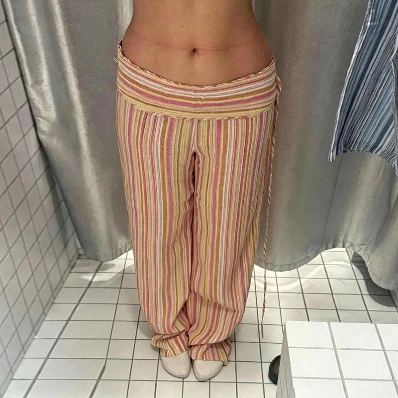 Haven Coast Sunset Stripe Wide-Leg Pants Y2K Beach Stripe Trousers