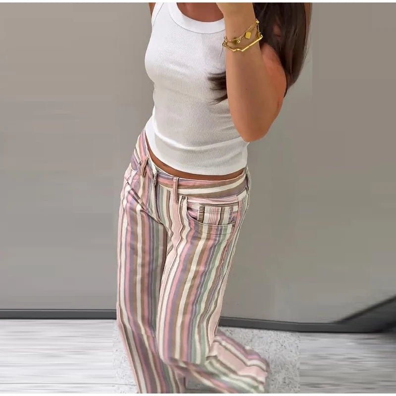 Haven Coast Sunset Stripe Wide-Leg Pants Y2K Beach Stripe Trousers