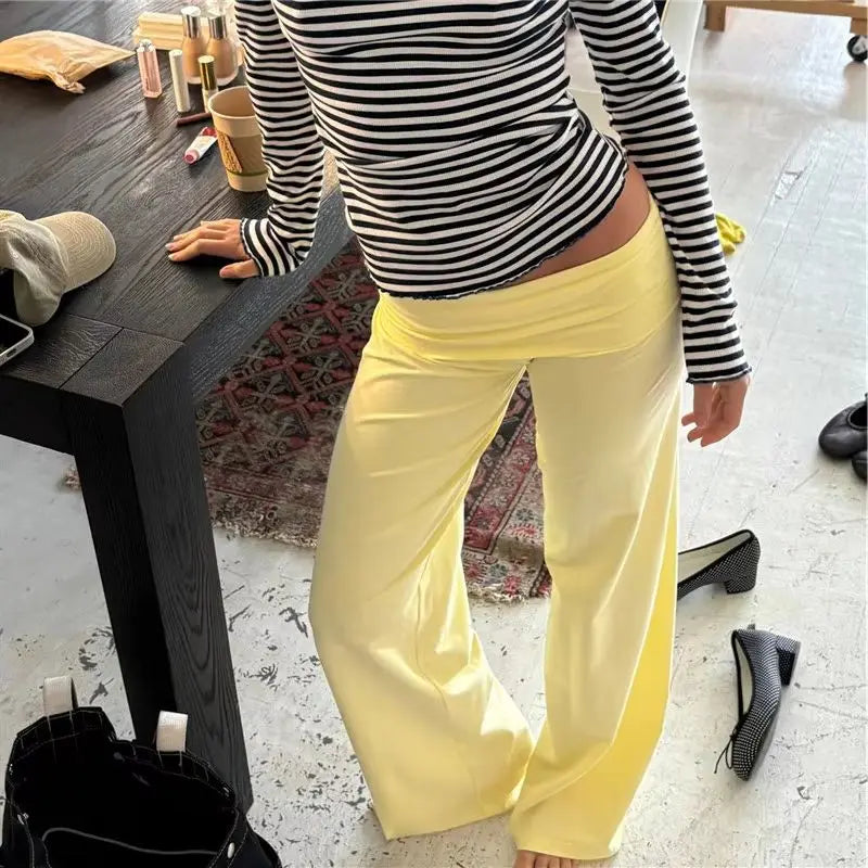 Amerie Fold-Over Y2K Flare Pants | Wide-Leg Lounge Pants