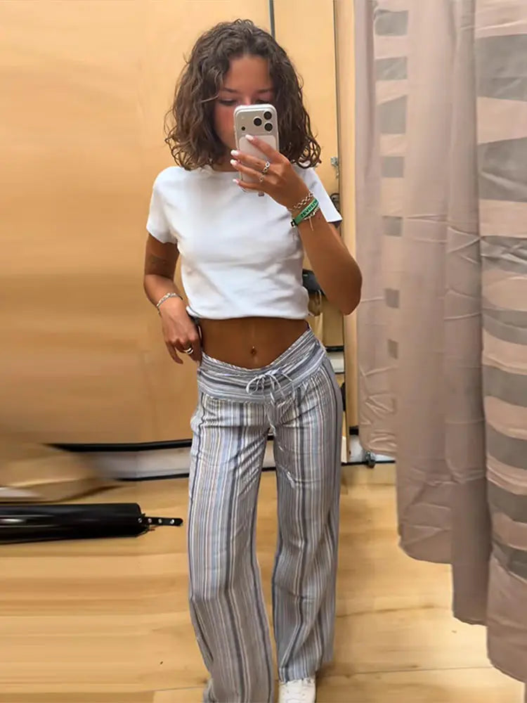 Haven Coast Sunset Stripe Wide-Leg Pants Y2K Beach Stripe Trousers